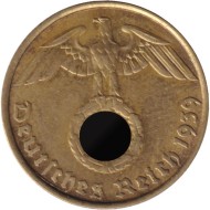 Монета 5 рейхспфеннигов. 1939 год, Германия (Третий Рейх). (B). Монета 5 рейхспфеннигов. 1939 год, Германия (Третий Рейх). (B).