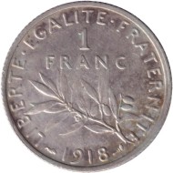 Монета 1 франк. 1918 год, Франция.