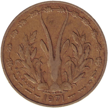 Монета 5 франков. 1971 год, Западные Африканские Штаты.