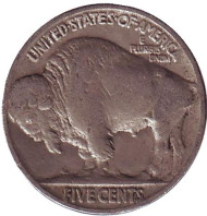 Монета 5 центов. 1929 год (P), США. Бизон. Индеец. Монета 5 центов. 1929 год (P), США. Бизон. Индеец.