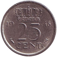 Монета 25 центов. 1948 год, Нидерланды. Монета 25 центов. 1948 год, Нидерланды.