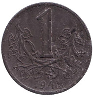 Монета 1 крона. 1941 год, Протекторат Богемии и Моравии. Монета 1 крона. 1941 год, Протекторат Богемии и Моравии.