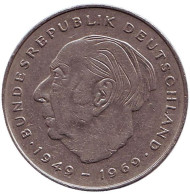Монета 2 марки. 1980 год (D), ФРГ. Теодор Хойс. Монета 2 марки. 1980 год (D), ФРГ. Теодор Хойс.