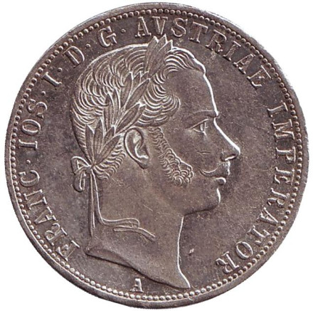 Монета 1 флорин. 1859 год (A), Австро-Венгерская империя. Австрийский тип. Монета 1 флорин. 1859 год (A), Австро-Венгерская империя. Австрийский тип.
