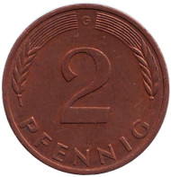 Монета 2 пфеннига. 1979 год (G), ФРГ. Дубовые листья. Монета 2 пфеннига. 1979 год (G), ФРГ. Дубовые листья.