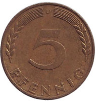 Монета 5 пфеннигов. 1970 год (D), ФРГ. Дубовые листья. Монета 5 пфеннигов. 1970 год (D), ФРГ. Дубовые листья.