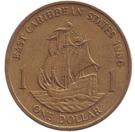 Монета 1 доллар. 1986 год, Восточно-Карибские государства. Парусник.