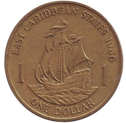Монета 1 доллар. 1986 год, Восточно-Карибские государства. Парусник.