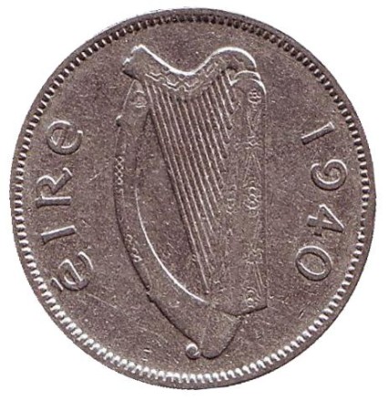 Монета 6 пенсов. 1940 год, Ирландия. Ирландский волкодав.