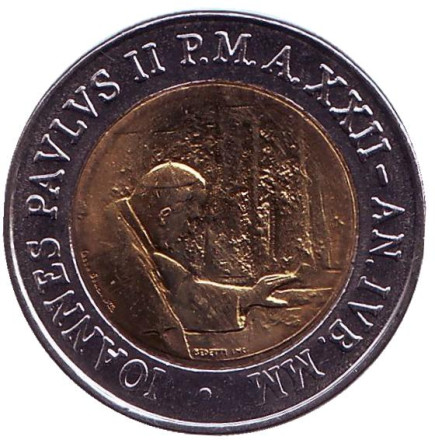 Монета 500 лир. 2000 год, Ватикан. Папа Иоанн Павел II. Миллениум.