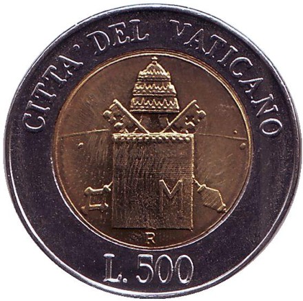 Монета 500 лир. 2000 год, Ватикан. Папа Иоанн Павел II. Миллениум. Монета 500 лир. 2000 год, Ватикан. Папа Иоанн Павел II. Миллениум.