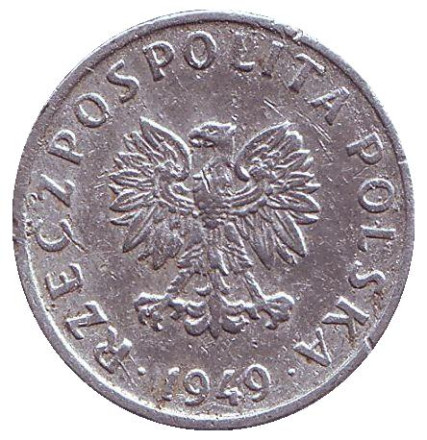 Монета 5 грошей. 1949 год, Польша. (алюминий).
