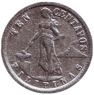 Монета 10 сентаво. 1938 год, Филиппины. (Администрация США). Монета 10 сентаво. 1938 год, Филиппины. (Администрация США).