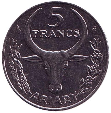 Монета 5 франков. 1986 год, Мадагаскар. Пуансеттия. Монета 5 франков. 1986 год, Мадагаскар. Пуансеттия.