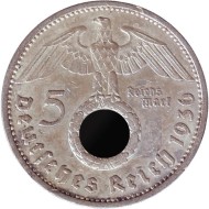 Монета 5 рейхсмарок. 1936 год, Германия (Третий Рейх). (G). Новый тип. Монета 5 рейхсмарок. 1936 год, Германия (Третий Рейх). (G). Новый тип.