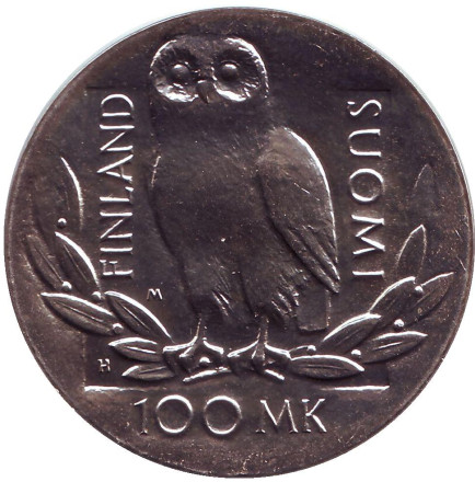 Монета 100 марок. 1990 год, Финляндия. 350 лет Хельсинкскому университету.