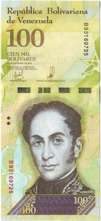 Банкнота 100000 боливаров. 2017 год, Венесуэла. Тип P-100b [3].