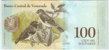Банкнота 100000 боливаров. 2017 год, Венесуэла. Тип P-100b [3].