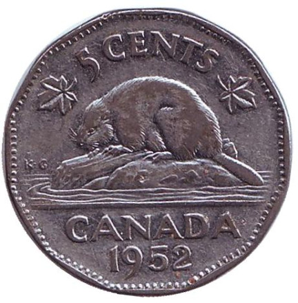 Монета 5 центов. 1952 год, Канада. Бобр.