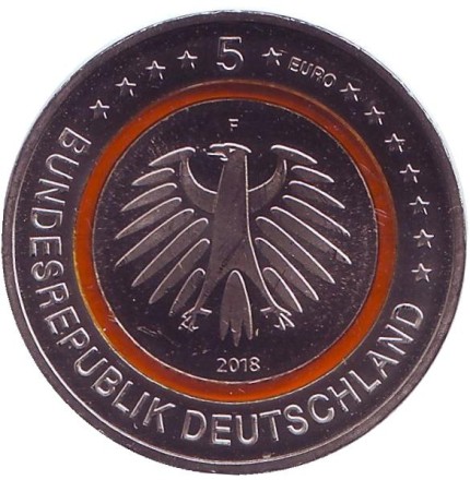 Монета 5 евро. 2018 год (F), Германия. Субтропическая зона. Монета 5 евро. 2018 год (F), Германия. Субтропическая зона.