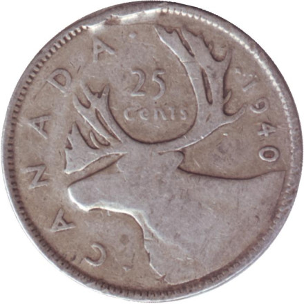 Монета 25 центов. 1940 год, Канада. Канадский олень (Карибу).