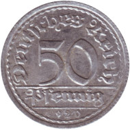 Монета 50 пфеннигов. 1920 год (G), Веймарская республика. Монета 50 пфеннигов. 1920 год (G), Веймарская республика.