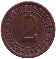 Монета 2 рейхспфеннига. 1924 год (F), Веймарская республика. Монета 2 рейхспфеннига. 1924 год (F), Веймарская республика.