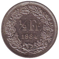 Монета 1/2 франка. 1984 год, Швейцария. Монета 1/2 франка. 1984 год, Швейцария.