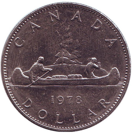 Монета 1 доллар. 1978 год, Канада. Индейцы в каноэ.