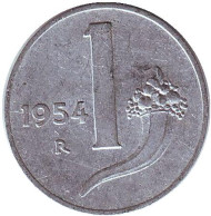 Монета 1 лира. 1954 год, Италия. Рог изобилия. Монета 1 лира. 1954 год, Италия. Рог изобилия.