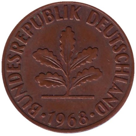 Монета 2 пфеннига. 1968 год (D), ФРГ. (бронза) Дубовые листья.