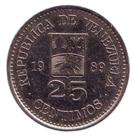 Монета 25 сентимо. 1989 год, Венесуэла. Монета 25 сентимо. 1989 год, Венесуэла.