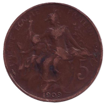 Монета 5 сантимов. 1909 год, Франция.