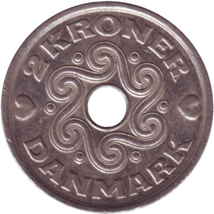 Монета 2 кроны. 2011 год, Дания. Из обращения.