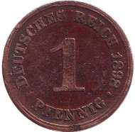 Монета 1 пфенниг. 1898 год (A), Германская империя. Монета 1 пфенниг. 1898 год (A), Германская империя.