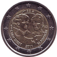 Монета 2 евро. 2011 год, Бельгия. 100-летие Международного женского дня. Монета 2 евро. 2011 год, Бельгия. 100-летие Международного женского дня.