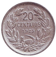 Монета 20 сентаво. 1925 год, Чили. Монета 20 сентаво. 1925 год, Чили.