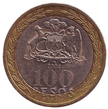Монета 100 песо. 2004 год, Чили. Индеец Мапуче. Монета 100 песо. 2004 год, Чили. Индеец Мапуче.