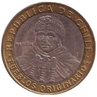 Монета 100 песо. 2004 год, Чили. Индеец Мапуче. Монета 100 песо. 2004 год, Чили. Индеец Мапуче.