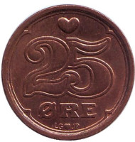 Монета 25 эре. 1990 год, Дания. Монета 25 эре. 1990 год, Дания.
