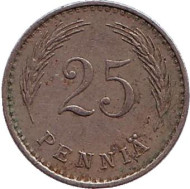 Монета 25 пенни. 1937 год, Финляндия. Монета 25 пенни. 1937 год, Финляндия.
