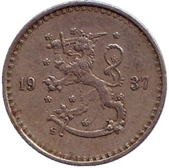 Монета 25 пенни. 1937 год, Финляндия.