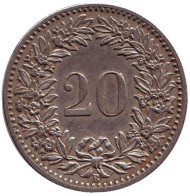 Монета 20 раппенов. 1920 год, Швейцария. Монета 20 раппенов. 1920 год, Швейцария.