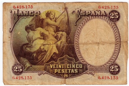 Банкнота 25 песет. 1931 год, Испания. Висенте Лопес. Банкнота 25 песет. 1931 год, Испания. Висенте Лопес.
