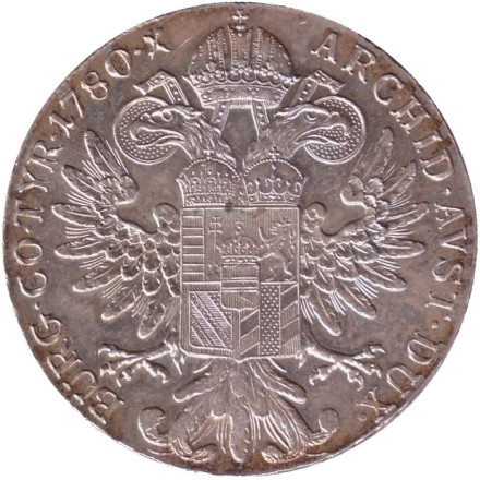 Монета 1 талер. 1780 год, Австрийская империя. Мария Терезия. Тип 1. (Рестрайк). Монета 1 талер. 1780 год, Австрийская империя. Мария Терезия. Тип 1. (Рестрайк).