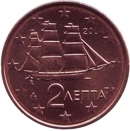 Монета 2 цента, 2004 год, Греция.