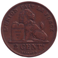Монета 2 сантима. 1912 год, Бельгия. (Des Belges)
