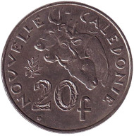 Монета 20 франков. 2009 год, Новая Каледония. Быки. Монета 20 франков. 2009 год, Новая Каледония. Быки.