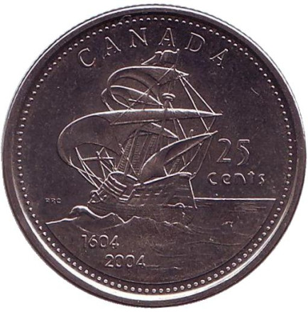 Монета 25 центов. 2004 год, Канада. 400 лет первому французскому поселению.