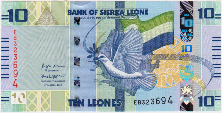 Банкнота 10 леоне. 2022 год, Сьерра-Леоне. Голубь мира. Хлопковое дерево.